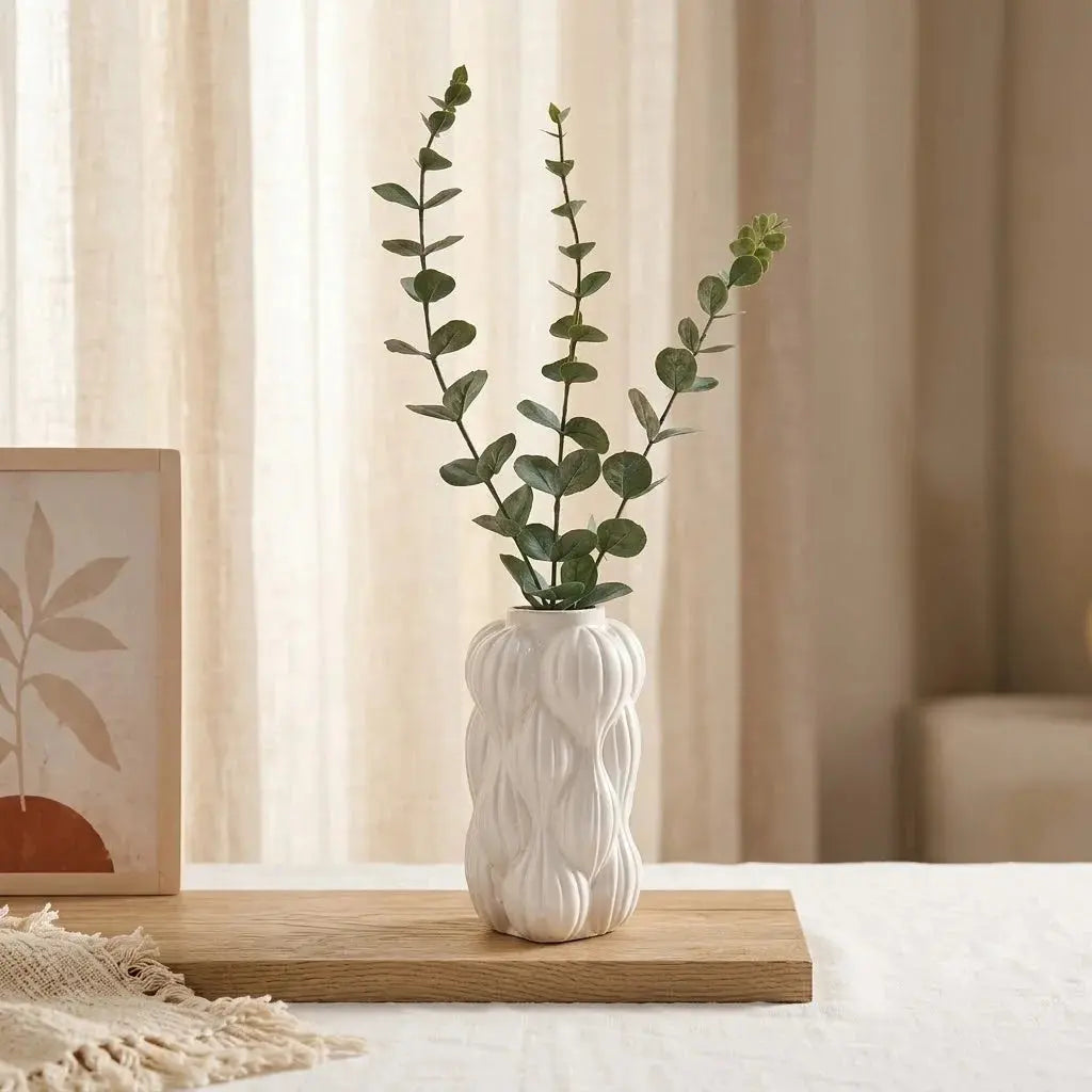 White Geometric Ceramic Vase with Artificial Plant | Modern Home Decor Scrollcart Qatar 