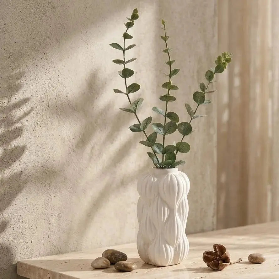 White Geometric Ceramic Vase with Artificial Plant | Modern Home Decor Scrollcart Qatar 