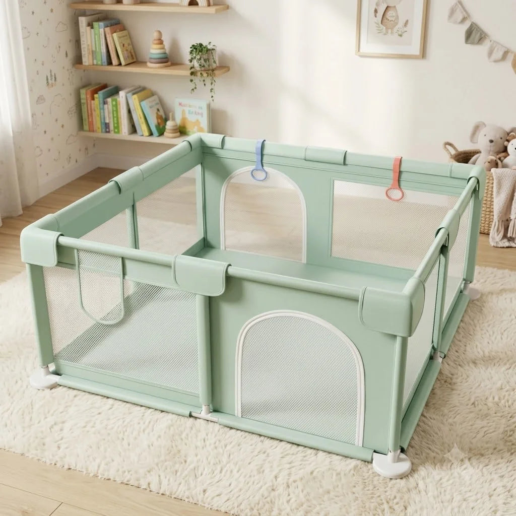 Baby Playpen 150 × 180 cm – Grey Toddler Safety Fence with Soft Mesh Panels