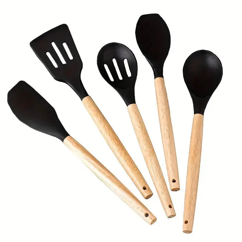 Silicone Cooking Utensil 5pcs set | Non-Stick Cooking Wooden Handle Kitchen Essentials Scrollcart Qatar
