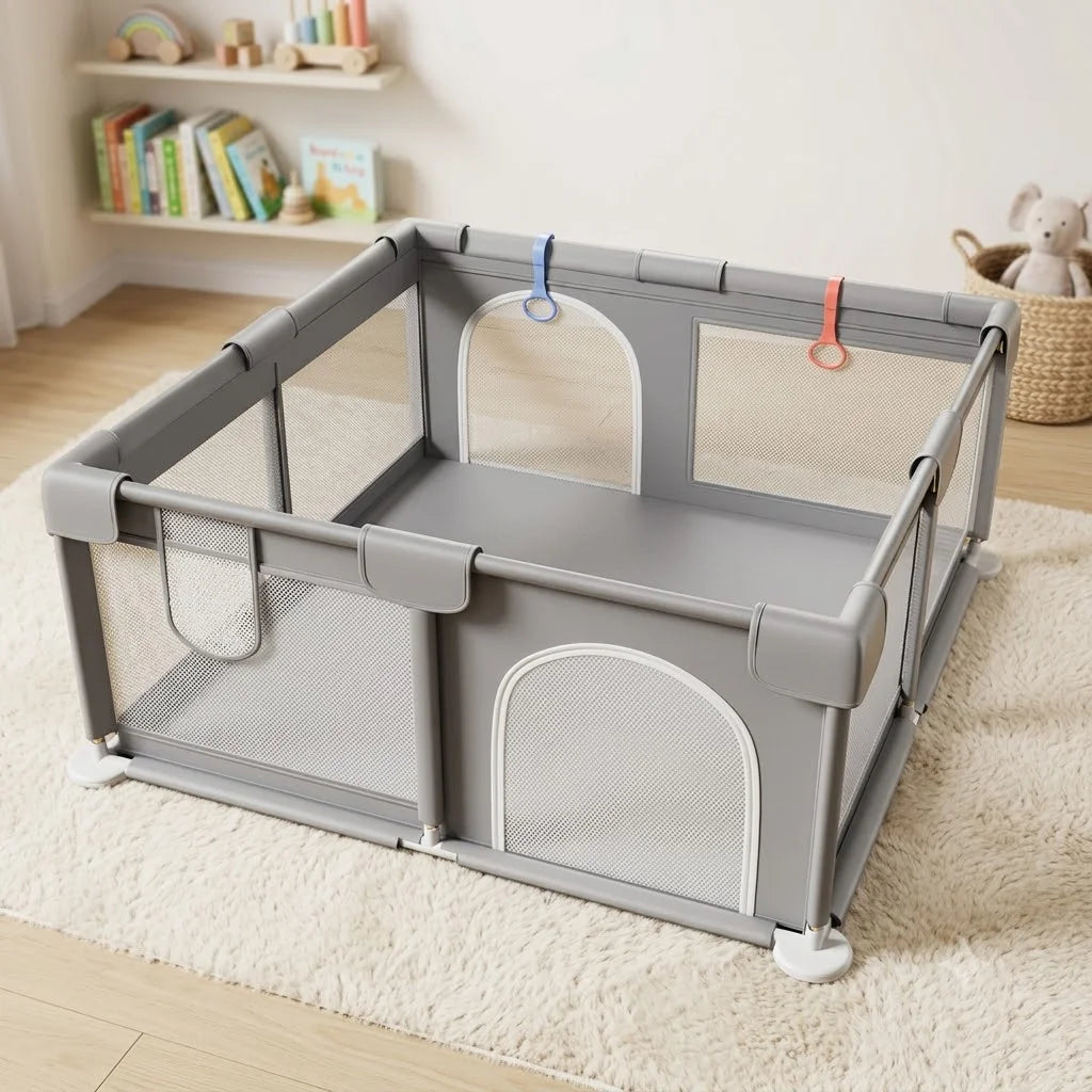 Baby Playpen 150 × 180 cm – Grey Toddler Safety Fence with Soft Mesh Panels