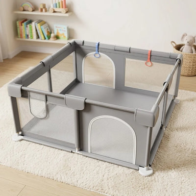 Baby Playpen 150 × 180 cm – Grey Toddler Safety Fence with Soft Mesh Panels