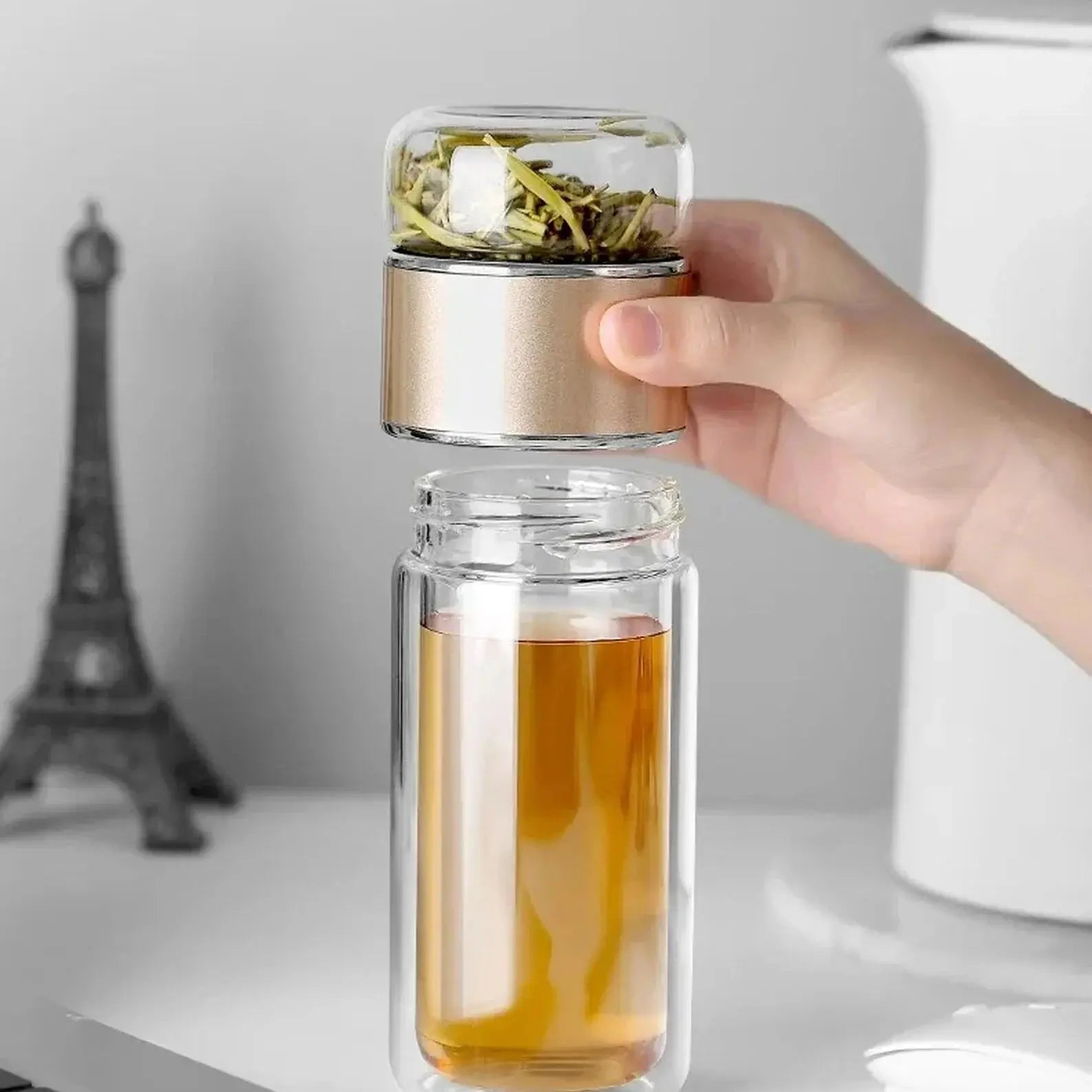 Double-Layer Glass Tea Infuser Bottle – 390ML Leakproof Travel Tumbler Scrollcart Qatar 