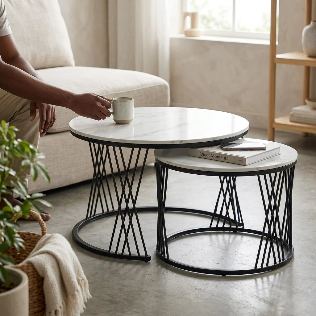 Modern Round Nesting Coffee Table Set – 2-Piece Black & White