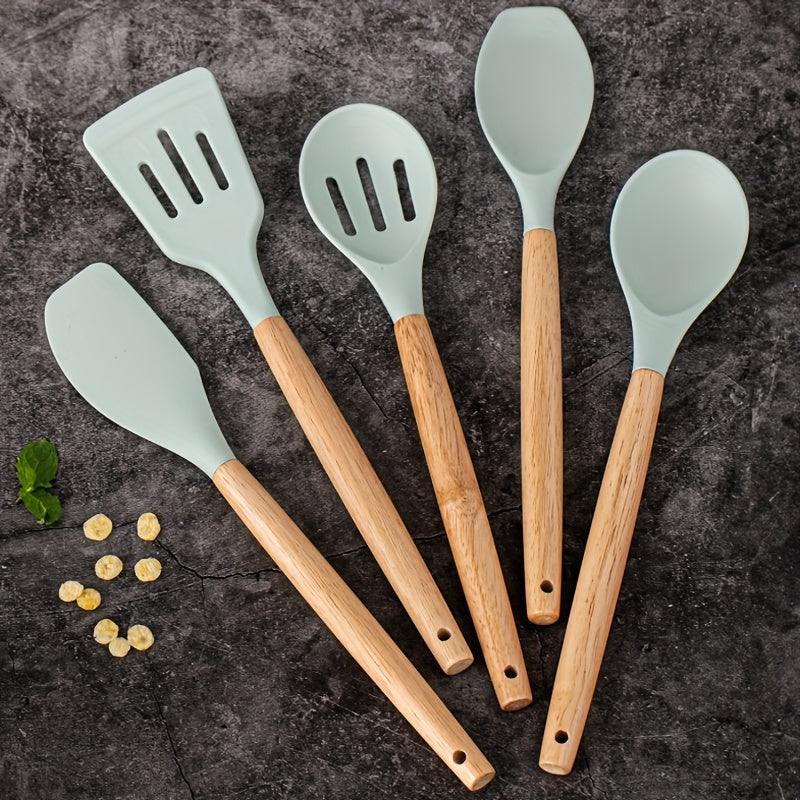 Silicone Cooking Utensil 5pcs set | Non-Stick Cooking Wooden Handle Kitchen Essentials - Scrollcart Qatar