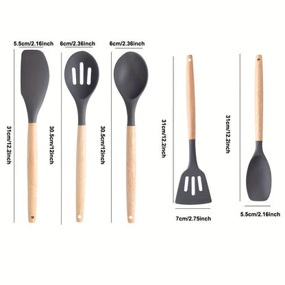 Silicone Cooking Utensil 5pcs set | Non-Stick Cooking Wooden Handle Kitchen Essentials - Scrollcart Qatar